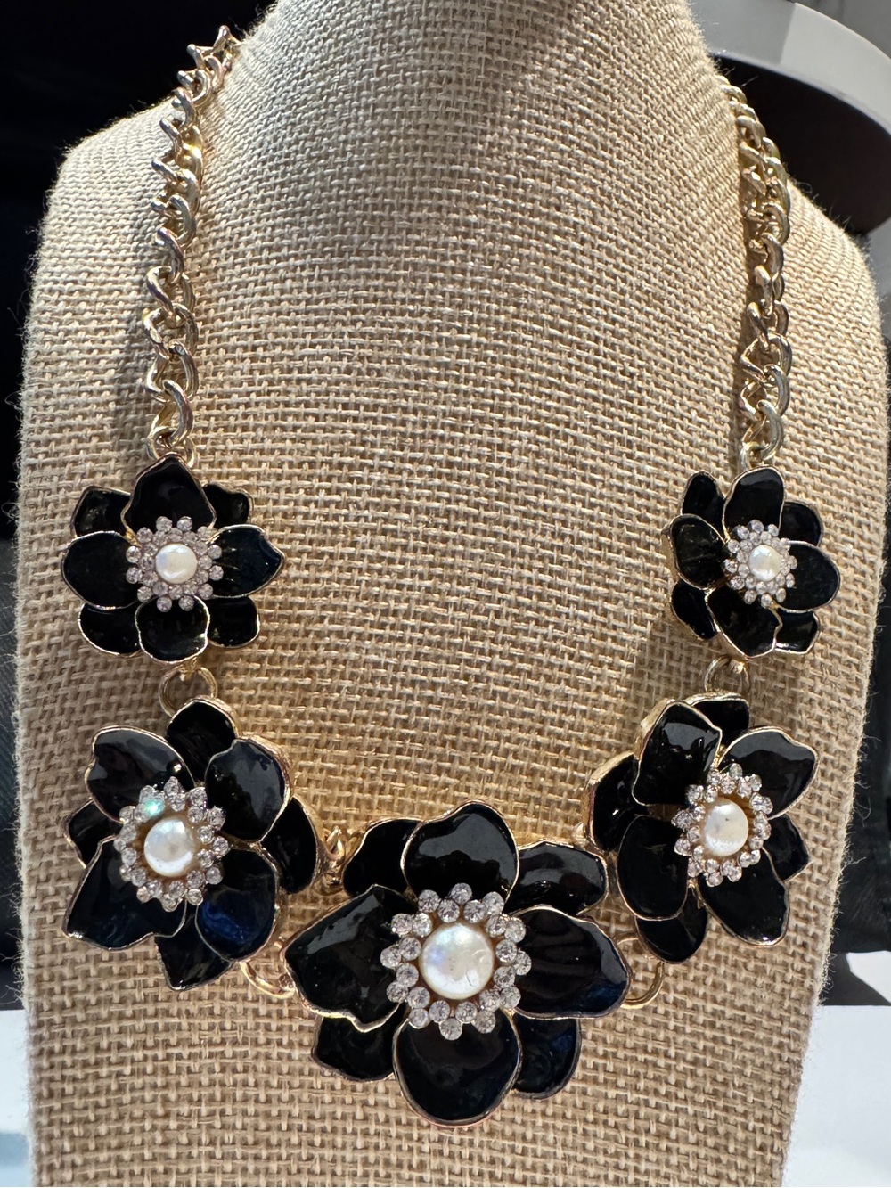 Vintage Black Flower Statement Necklace with Pearls